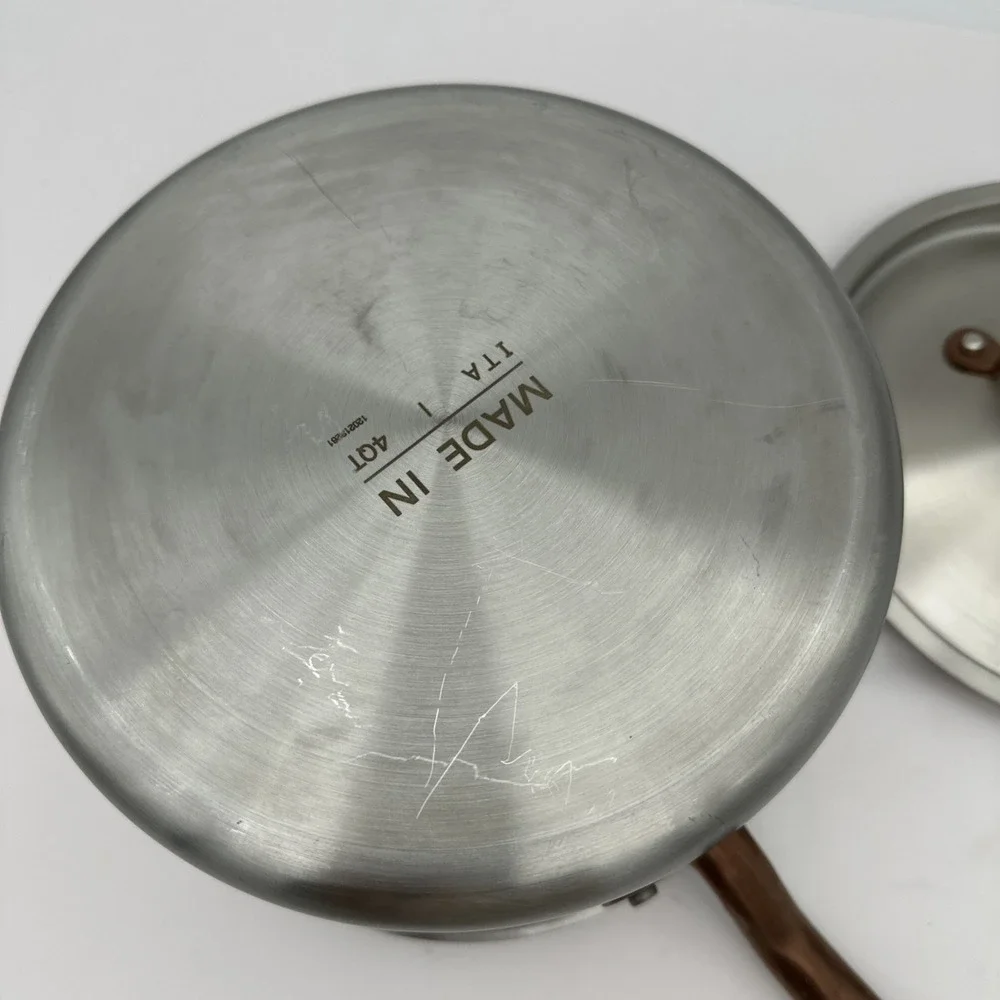 Made-In Cookware Italy 4 qt Stainless Saucepan Brushed Copper Handle W/Lid NEW